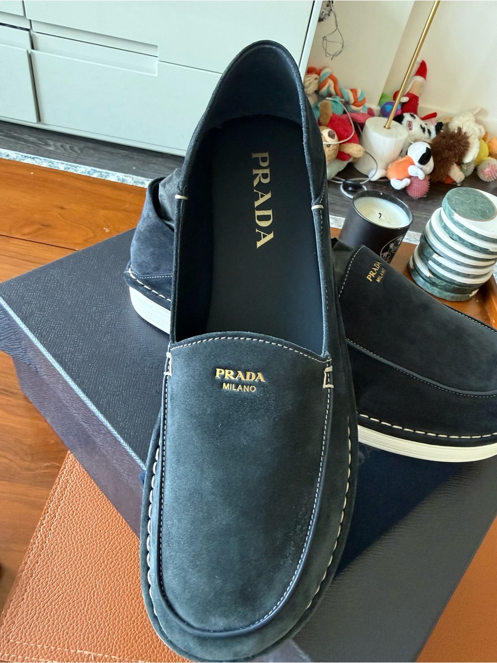 Prada Black Suede Men’s Slip-On Loafers with Gold Logo